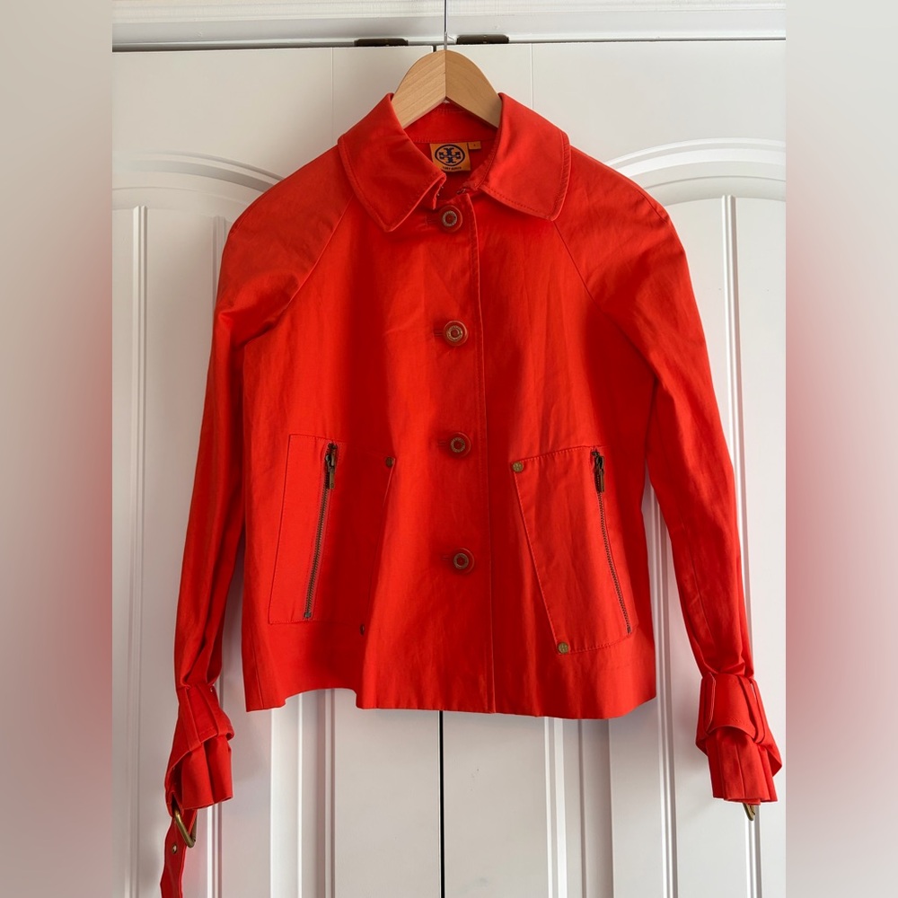 Tory Burch Curtis Women's Orange Button Up Cropped‎ Utility Jacket Coat Size 2
